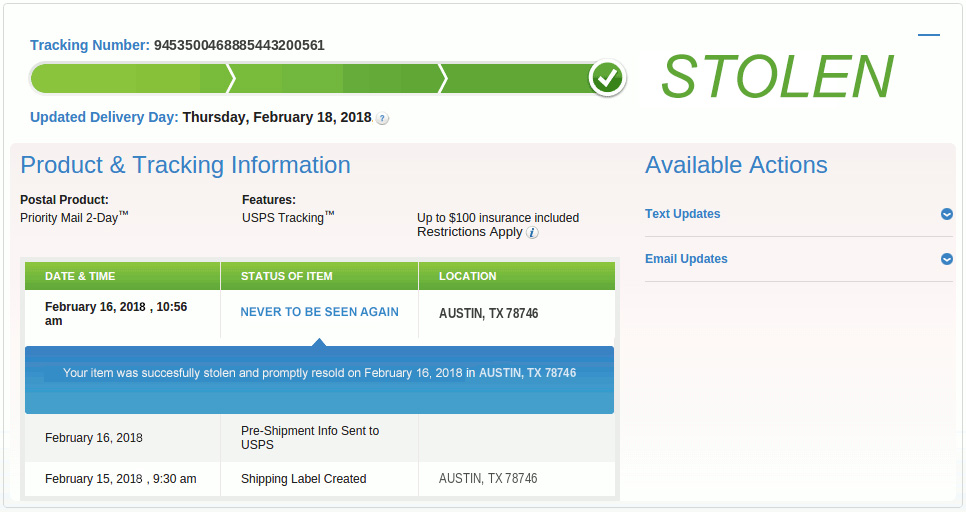 track, package, stolen, update