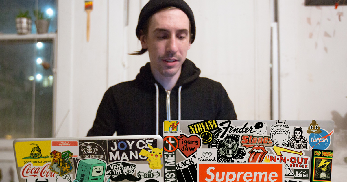 laptop, stickers, room