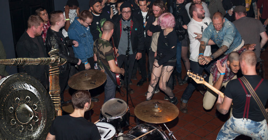 gong, drums, audience