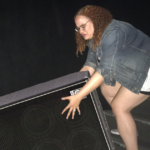 bass cab, woman, stairs