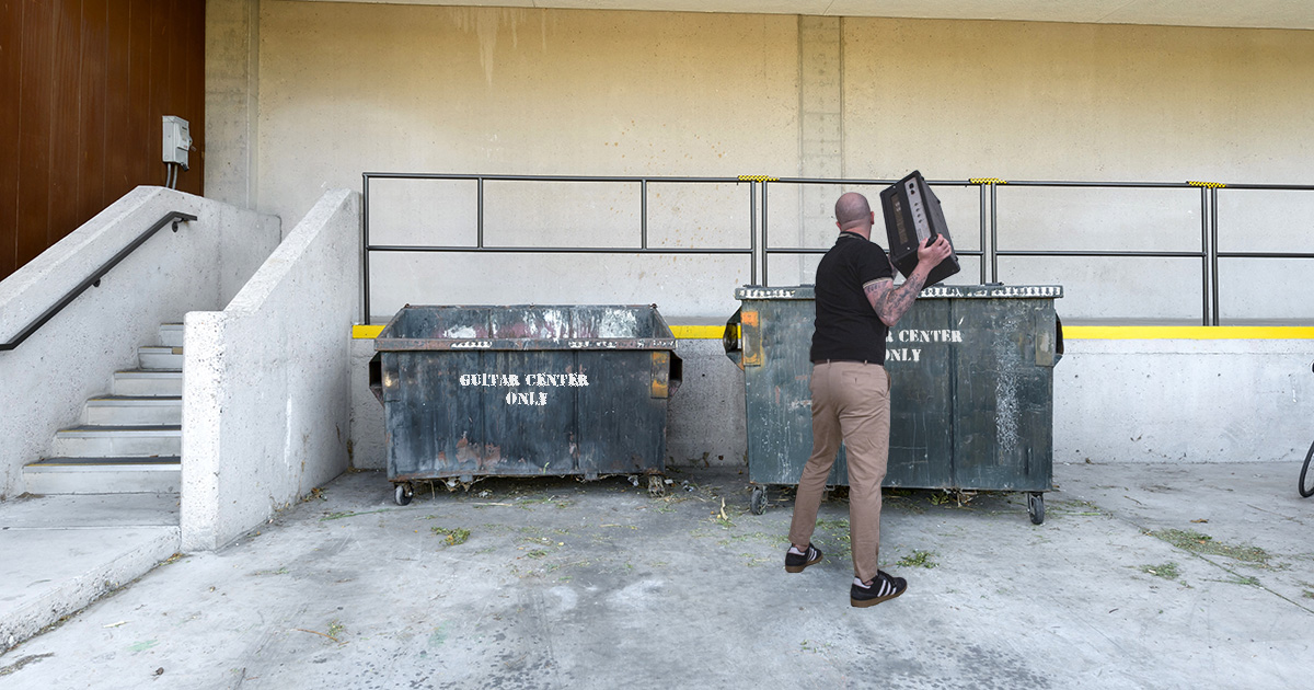 guitar center, unsold, dumpster