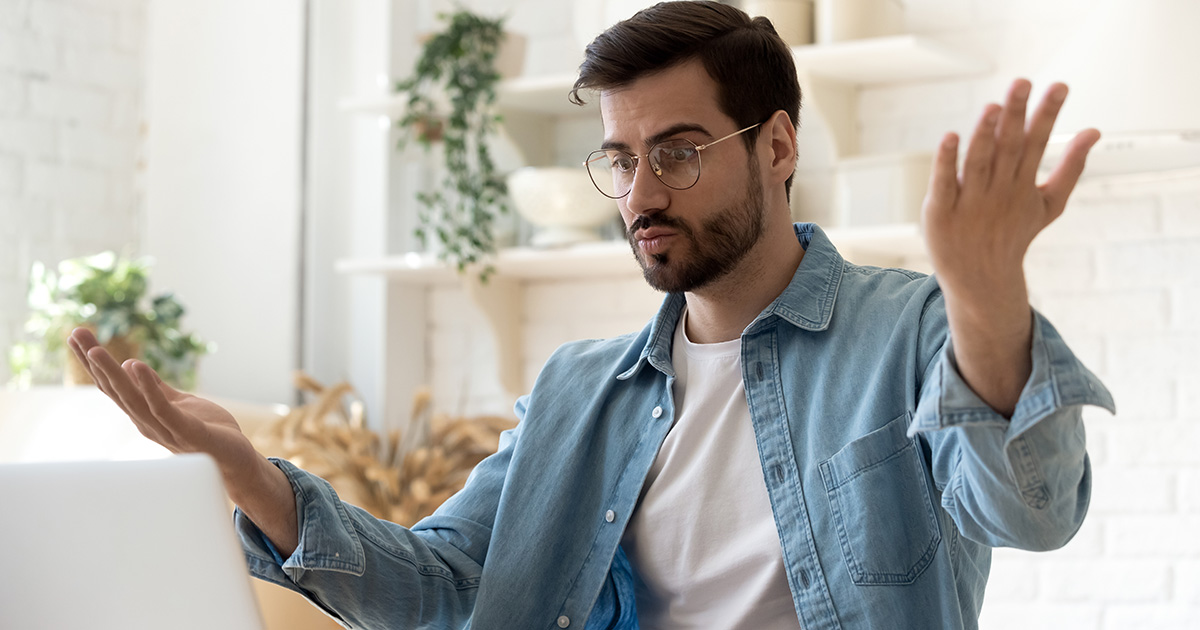 confused, frustrated, blue shirt, glasses, man, 30, old, child, immature, beard