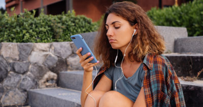 hair, curly, headphones, plaid, shirt, girl, stairs, stone, rock, bushes