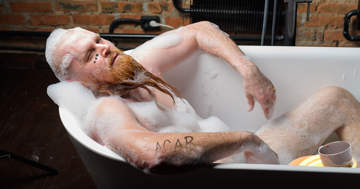 bath, bubbles, soap, tub, water, soak, dirty, tattoo, beard, dreads, gross, smelly