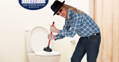 oval office, plunge, hat, glasses, long hair, plunger, poop, toilet paper, flannel, washed up