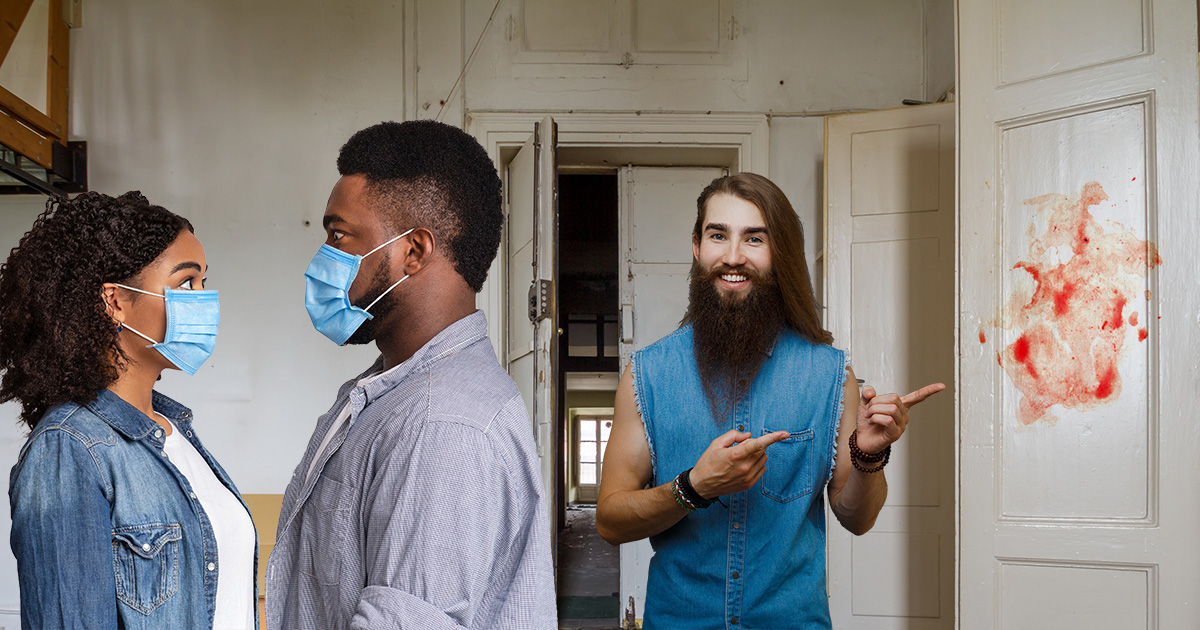 metalhead, realtor, house, sell, masks, blood, beard, long hair, couple, scary