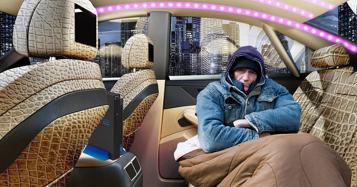 car, led lights, cold, blankets, tv, hoodie, homeless, fancy, plush