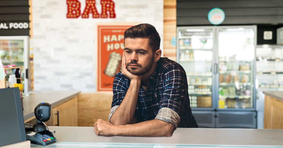 bar, bartender, supermarket, weird, plaid, flannel, sleeves, rolled up, sad, depressed, store, groceries