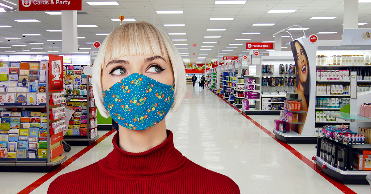 bangs, blonde, dumb, red shirt, turtle neck, target, music, mask, blue mask, shopping, old, poser, annoying, speakers, loud