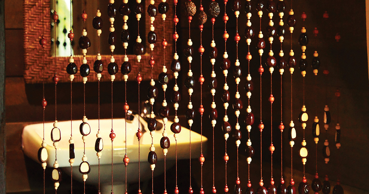 beaded curtain, bathroom, christ